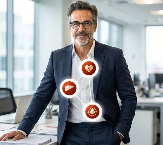 Mann im Alltag mit hervorgehobenen Symbolen für Herz, Leber und Fettstoffwechsel