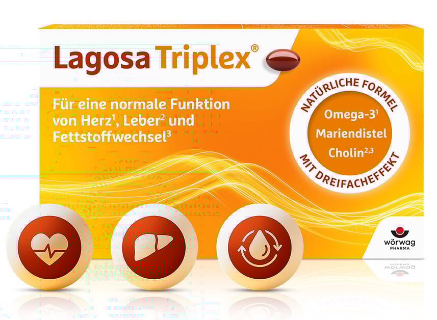 Vorderansicht von Lagosa Triplex als Nahrungsergänzung mit Omega-3, Cholin und Mariendistel