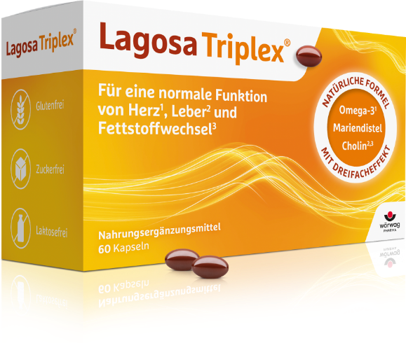 Lagosa Triplex Produktpackung mit hervorgehobenen Vorteilen für Herz, Leber und Fettstoffwechsel