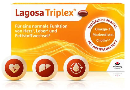 Packung von Lagosa Triplex mit Kapseln zur Unterstützung von Herz, Leber und Fettstoffwechsel