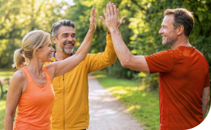Drei Erwachsene im Park, die sich lächelnd abklatschen und gemeinsam aktiv sind