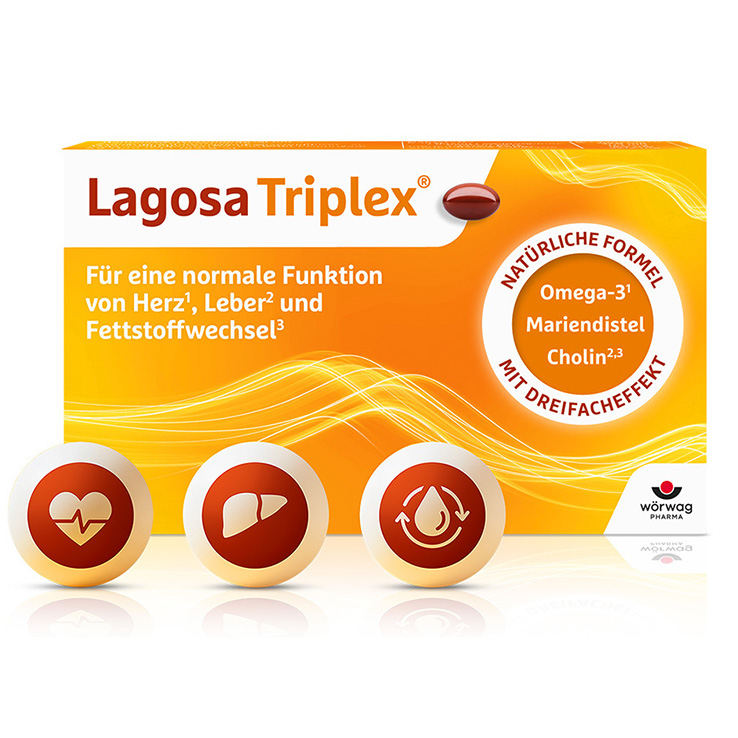 Packung von Lagosa Triplex mit Kapseln zur Unterstützung von Herz, Leber und Fettstoffwechsel