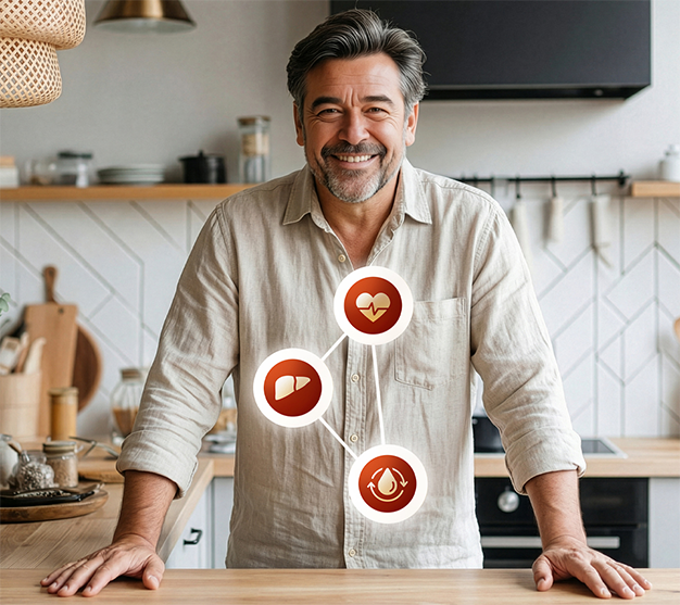 Darstellung des Zusammenspiels von Herz, Leber und Fettstoffwechsel im menschlichen Körper